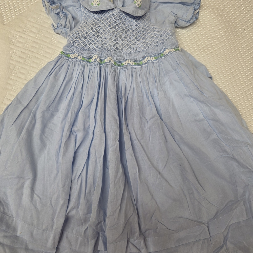 Light Blue Smocked Girls' Casual Dress with Floral Trim